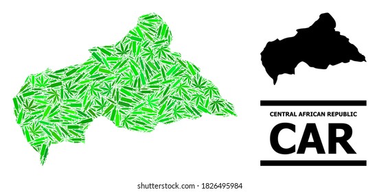 Mosaico de adicción y mapa usual de la República Centroafricana. El mapa vectorial de la República Centroafricana está formado por símbolos de vacunas aleatorios, hierbas y botellas de alcohol.