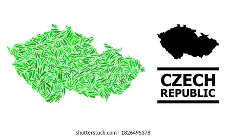 Sucht Mosaik und übliche Karte der Tschechischen Republik. Die Vektorkarte der Tschechischen Republik besteht aus randomisierten Impfstoffsymbolen, Kräuterflaschen und Alkoholflaschen.