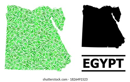 Addiction mosaic and usual map of Egypt. Vector map of Egypt is composed of scattered vaccine symbols, ganja and wine bottles. Abstract territory scheme in green colors for map of Egypt.