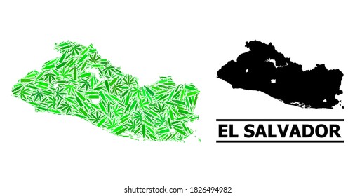 Addiction mosaic and usual map of El Salvador. Vector map of El Salvador is formed with scattered inoculation icons, cannabis and alcoholic bottles.