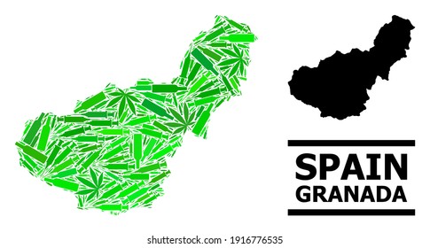Sucht Mosaik und gewohnte Karte der Provinz Granada. Die Vektorkarte der Provinz Granada besteht aus randomisierten Spritzen, Hanf- und Alkoholflaschen.