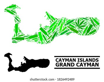 Addiction mosaic and usual map of Grand Cayman Island. Vector map of Grand Cayman Island is constructed from random vaccine symbols, ganja and alcohol bottles.