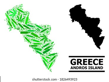 Addiction mosaic and usual map of Greece - Andros Island. Vector map of Greece - Andros Island is organized from randomized syringes, marijuana and alcohol bottles.