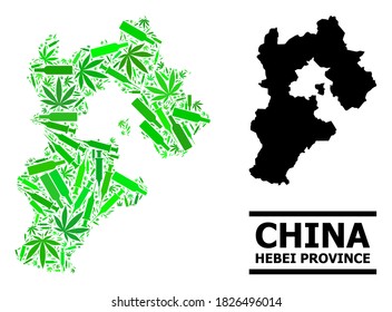 Addiction mosaic and usual map of Hebei Province. Vector map of Hebei Province is created of random vaccine symbols, herb and alcoholic bottles.