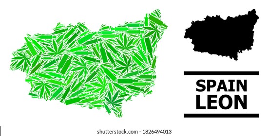 Addiction mosaic and usual map of Leon Province. Vector map of Leon Province is made of scattered inoculation icons, cannabis leaves and drink bottles.