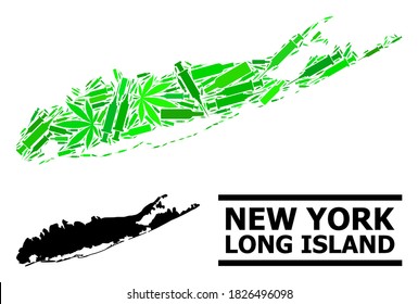 Addiction mosaic and usual map of Long Island. Vector map of Long Island is composed from random syringes, weed and alcoholic bottles. Abstract territorial plan in green colors for map of Long Island.