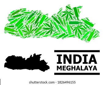 Addiction mosaic and usual map of Meghalaya State. Vector map of Meghalaya State is designed from randomized syringes, cannabis leaves and alcohol bottles.