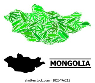 Suchtmosaik und übliche Karte der Mongolei. Die Vektorkarte der Mongolei besteht aus zufälligen Impfstoffsymbolen, Marihuana und Getränkekartons. Abstraktes territoriales Schema in grünen Farben für die Karte der Mongolei.
