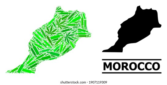 Addiction mosaic and usual map of Morocco. Vector map of Morocco is organized of randomized syringes, dope and drink bottles. Abstract geographic plan in green colors for map of Morocco.