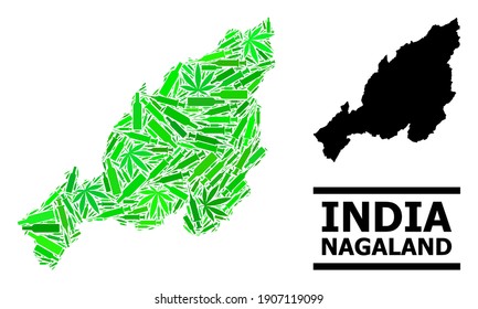 Addiction mosaic and usual map of Nagaland State. Vector map of Nagaland State is composed from scattered vaccine symbols, addict and wine bottles.