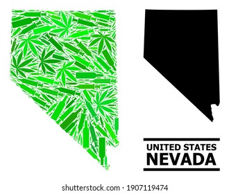 Addiction mosaic and usual map of Nevada State. Vector map of Nevada State is made with random vaccine doses, cannabis leaves and drink bottles.