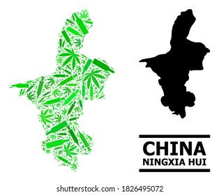 Mosaico de adicción y mapa usual de la región Ningxia Hui. El mapa vectorial de la región Ningxia Hui está formado por íconos de inoculación aleatorizados, cannabis y botellas alcohólicas.