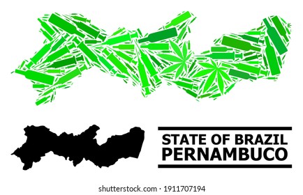 Mosaico de adicción y mapa usual del estado de Pernambuco. El mapa vectorial del estado de Pernambuco está diseñado con agujas de inyección dispersas, marihuana y botellas de bebida.