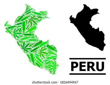 Addiction mosaic and usual map of Peru. Vector map of Peru is formed with scattered syringes, addict and drink bottles. Abstract territorial plan in green colors for map of Peru.