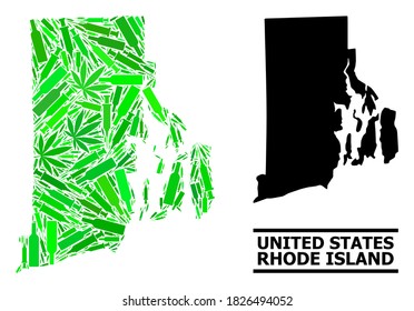 Mosaico de adicción y mapa usual del estado de Rhode Island. El mapa vectorial del estado insular de Rhode se hace con dosis aleatorias de vacunas, narcóticos y botellas de vino.