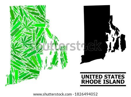 Addiction mosaic and usual map of Rhode Island State. Vector map of Rhode Island State is made with random vaccine doses, narcotic and wine bottles.