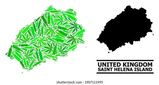 Addiction mosaic and usual map of Saint Helena Island. Vector map of Saint Helena Island is made from scattered vaccine symbols, marijuana and alcohol bottles.