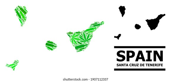 Mosaico de adicción y mapa habitual de la provincia de Santa Cruz de Tenerife. El mapa vectorial de la provincia de Santa Cruz de Tenerife está hecho de símbolos de vacunas al azar, ganja y botellas de bebida.