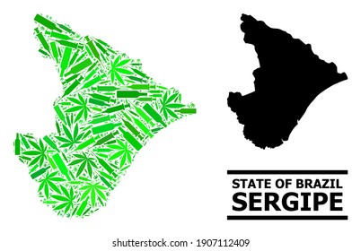 Mosaico de adicción y mapa usual del estado de Sergipe. El mapa vectorial del estado de Sergipe se compone de símbolos dispersos de la vacuna, hojas de cannabis y botellas de vino.