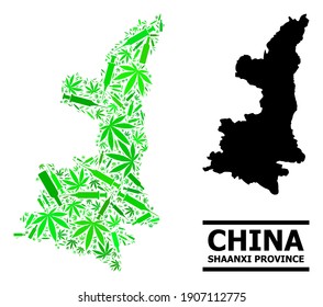 Addiction mosaic and usual map of Shaanxi Province. Vector map of Shaanxi Province is constructed of scattered vaccine doses, hemp and wine bottles.