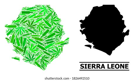 Addiction mosaic and usual map of Sierra Leone. Vector map of Sierra Leone is organized from random vaccine symbols, weed and wine bottles.