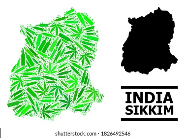Addiction mosaic and usual map of Sikkim State. Vector map of Sikkim State is done of scattered syringes, weed and alcohol bottles. Abstract territory scheme in green colors for map of Sikkim State.
