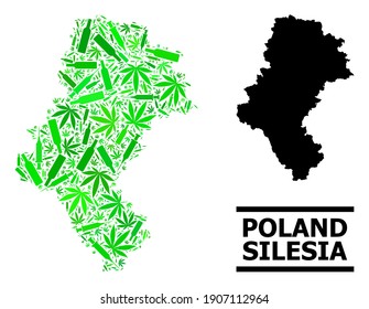 Addiction mosaic and usual map of Silesia Province. Vector map of Silesia Province is made of scattered syringes, addict and alcohol bottles.