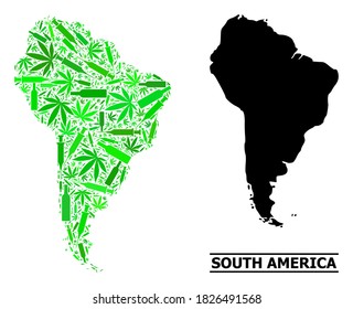 Addiction mosaic and usual map of South America. Vector map of South America is organized from scattered vaccine symbols, weed and alcohol bottles.