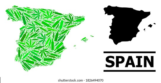Sucht Mosaik und übliche Karte von Spanien. Die spanische Vektorkarte wurde aus verstreuten Impfstoffsymbolen, Süchtigen- und Alkoholflaschen entworfen. Abstraktes Territorium in grünen Farben für Karte von Spanien.