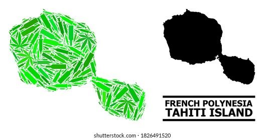 Addiction mosaic and usual map of Tahiti Island. Vector map of Tahiti Island is done from randomized vaccine symbols, addict and wine bottles.