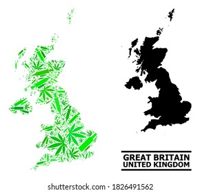 Addiction mosaic and usual map of United Kingdom. Vector map of United Kingdom is created with randomized injection needles, narcotic and drink bottles.