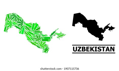 Addiction mosaic and usual map of Uzbekistan. Vector map of Uzbekistan is created from randomized syringes, weed and alcoholic bottles. Abstract territorial plan in green colors for map of Uzbekistan.