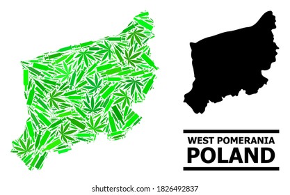 Addiction mosaic and usual map of West Pomerania Province. Vector map of West Pomerania Province is designed from scattered vaccine symbols, ganja and drink bottles.