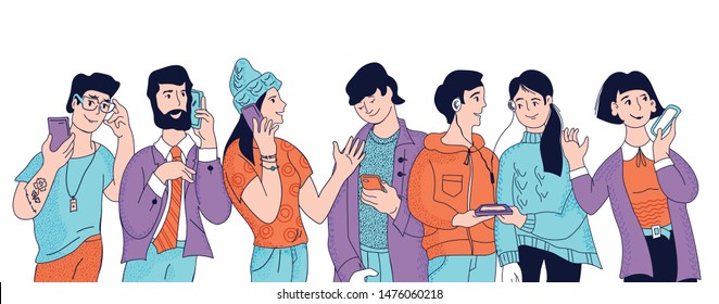 Addiction to new technology - people using smartphones doodle vector illustration isolated on background. Students and business people communicating and taking selfie photo with mobile phone.
