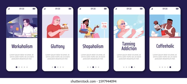 Addiction onboarding mobile app screen vector template. Workaholism, gluttony, shopaholism, coffeeholic. Walkthrough website steps with flat characters. UX, GUI smartphone cartoon interface concept