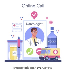Addiction online service or platform. Idea of medical treatment for addicted people. Life-threatening condition. Online call. Flat vector illustration