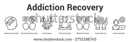 Addiction Recovery web banner icon set vector illustration concept for business with icon of Addiction Counseling, Psychological Counseling, Crisis Support, Emotional Support, Behavioral Therapy, Supp.