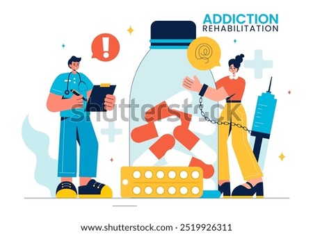 Addiction Rehabilitation Vector Illustration featuring an Inpatient Drug Rehab Center, Treatment Methods, and the Stabilization of Medical Conditions