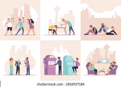 Conjunto de adiciones de composiciones planas con personajes humanos de personas adictas con objetos y cityscape fondo ilustración vectorial