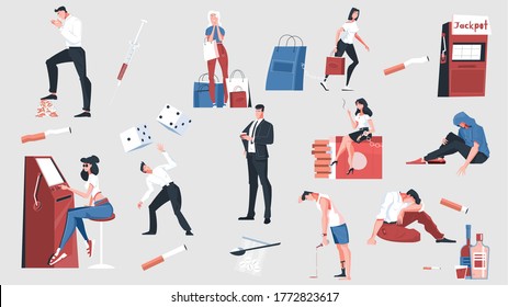 Addiction set with flat icons of addictive things and isolated human characters of faint hearted people vector illustration