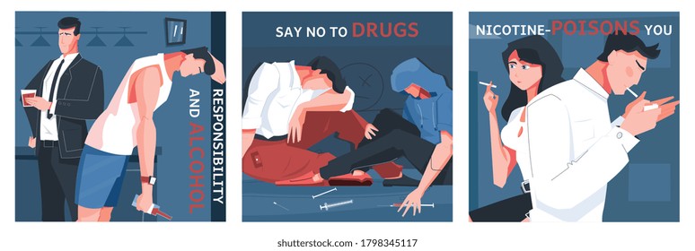 Addiction set with three square compositions of text and people addicted to drugs alcohol and smoking vector illustration