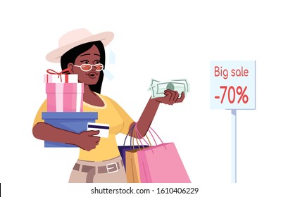 Addiction to shopping flat color vector illustration. Oniomania. Young stylish african american girl with shopping bags seeks discounts isolated cartoon character on white background