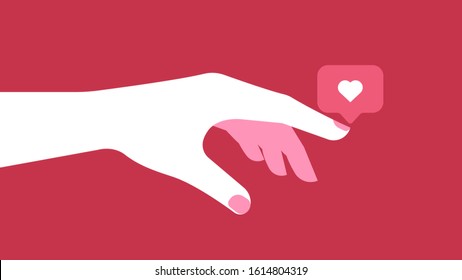 Addiction to social networks and blogs. Hand with Like icon vector. Concept of virtual dating, love on social networks, relationships at a distance. Vector illustration