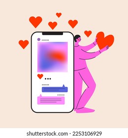 Addiction to social networks concept. Happy Valentine's day. Online dating. Person holding heart. Man stands at a big phone. Addicted to likes. Flat vector illustration