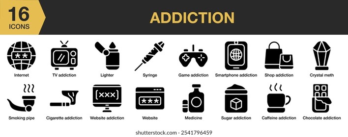 Addiction solid icon set. Includes website, syringe, sugar, smoking pipe, shop addiction, medicine, and More. Solid icons vector collection.