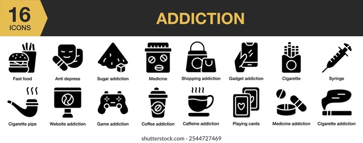 Addiction solid icon set. Includes addiction, medicine, depress, fast food, game, caffeine, gadget, and More. Solid icons vector collection.