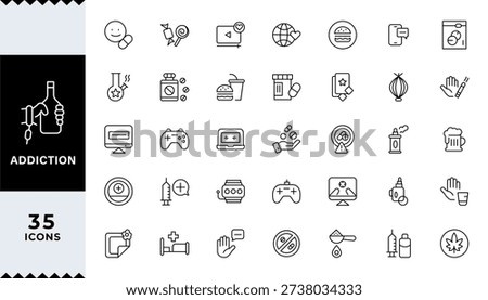 Addiction Stroke icon collections. Containing Gaming, Addiction, Overdose, Treatment, Phone Addiction, Medication, Sugar, and Alcoholism icons. Editable Stroke icon collection