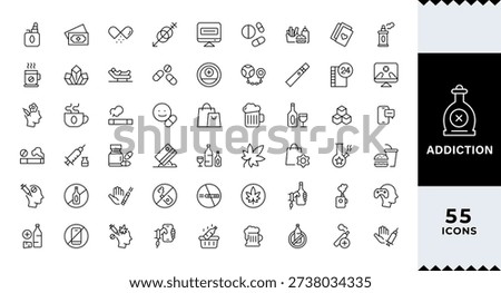 Addiction Stroke icon collections. Containing Gaming, Addiction, Overdose, Treatment, Phone Addiction, Medication, Sugar, and Alcoholism icons. Editable Stroke icon collection