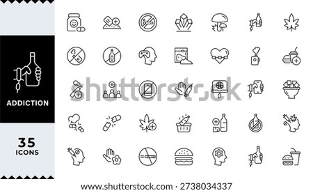 Addiction Stroke icon collections. Containing Gaming, Addiction, Overdose, Treatment, Phone Addiction, Medication, Sugar, and Alcoholism icons. Editable Stroke icon collection