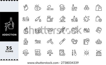 Addiction Stroke icon collections. Containing Gaming, Addiction, Overdose, Treatment, Phone Addiction, Medication, Sugar, and Alcoholism icons. Editable Stroke icon collection